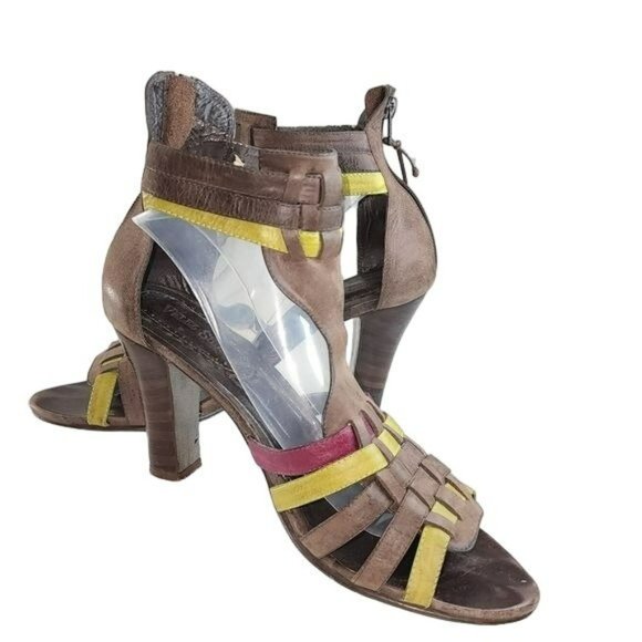 Vintage Style Brown Real Leather Peep Toe Block Heel Strappy Gladiator Sandals - Picture 9 of 16